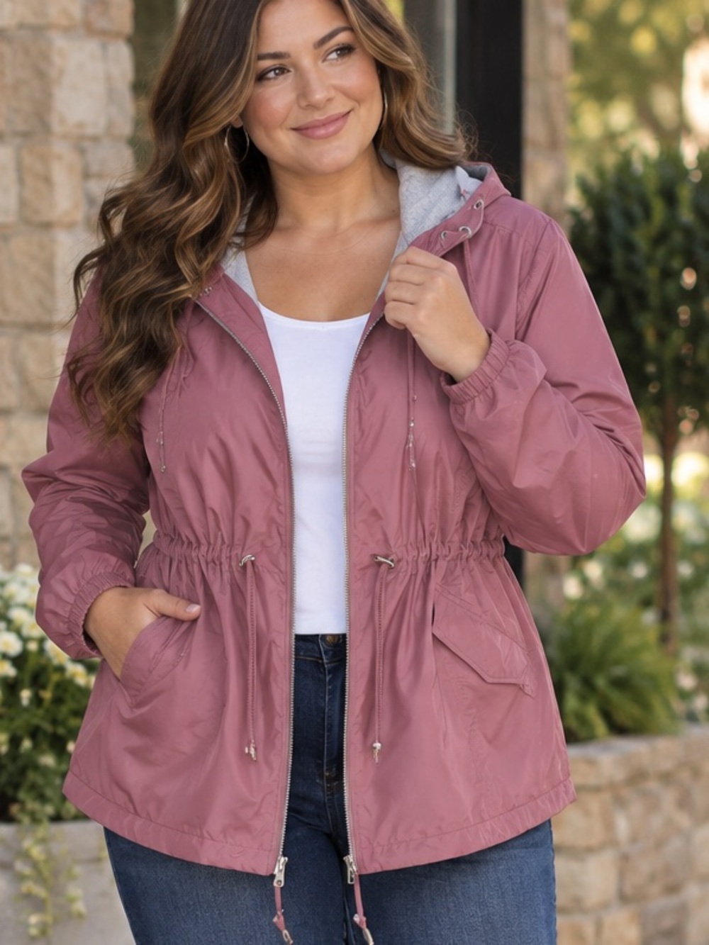 Size 1X Free Country Mauve Hooded Packable Windbreaker Jacket Coat